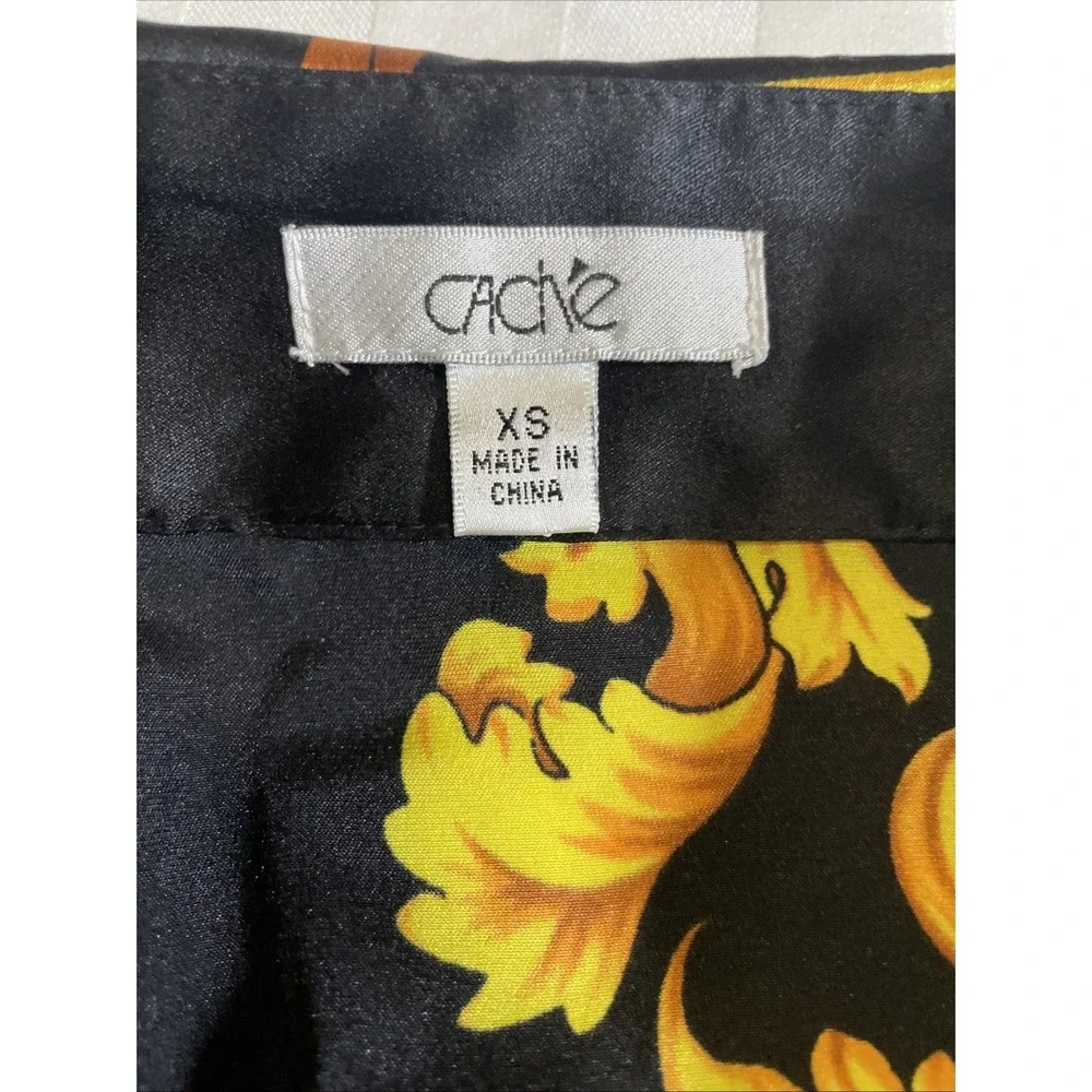 CACHE SILK GOLD BAROQUE  PRINT , BUTTON UP COLLARED SHIRT BLOUSE Women's Size XS